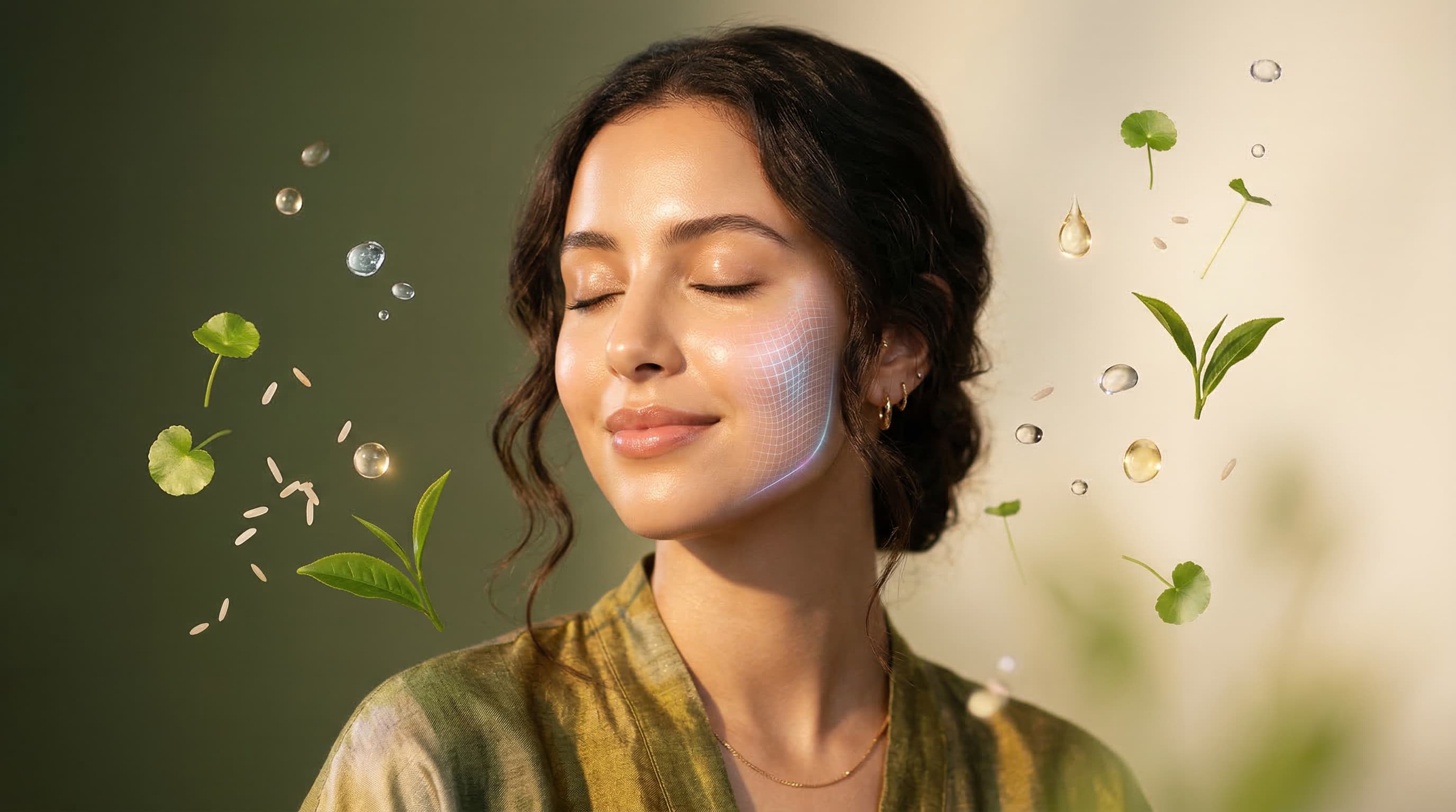 Woman with luminous skin and AI analysis — Sanglow K-Beauty